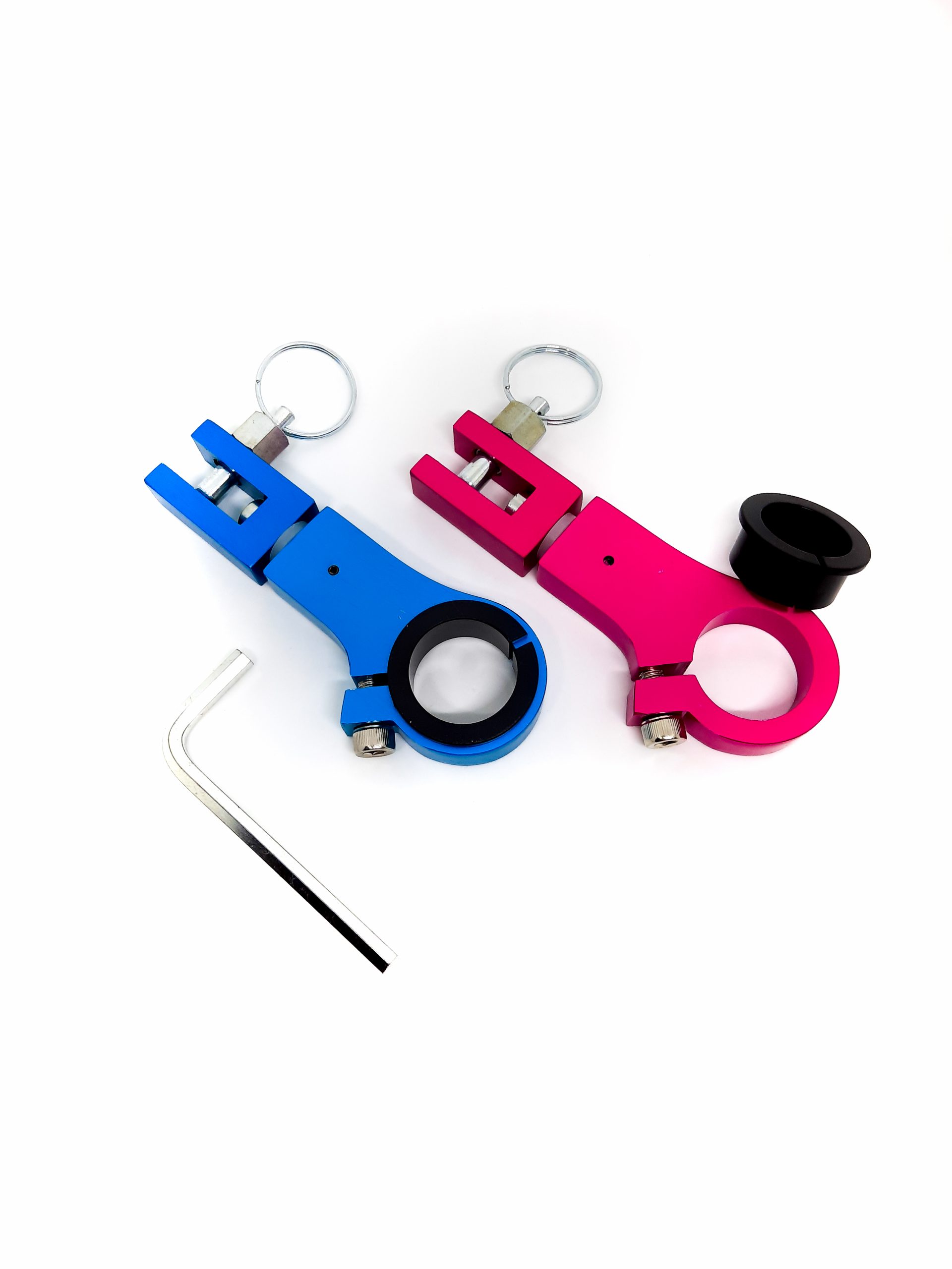 Pink and Blue Pushmehome Clamp with accessories