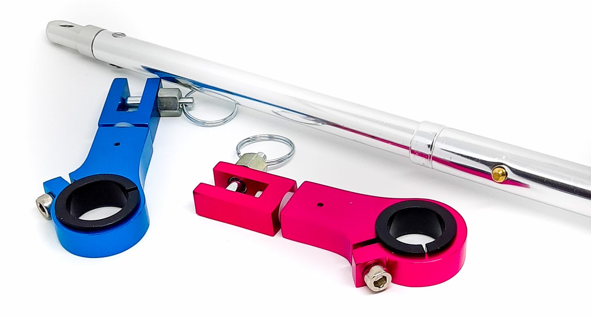 Pink and Blue Pushmehome Clamp with accessories and handle