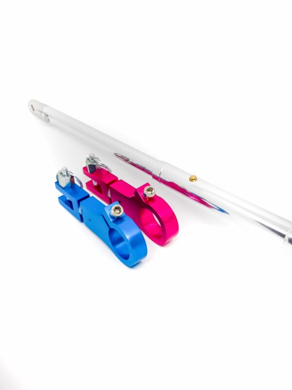 Pink and Blue Pushmehome Clamp with accessories and handle