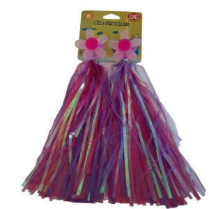 Packaged kids bike streamers with windmill flower design in neon purple, pink, and silver